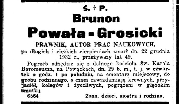 Nekrolog Brunona Powały-Grosickiego zamieszczony w ''Kurierze Warszawskim'' z dn. 27-12-1932 r
